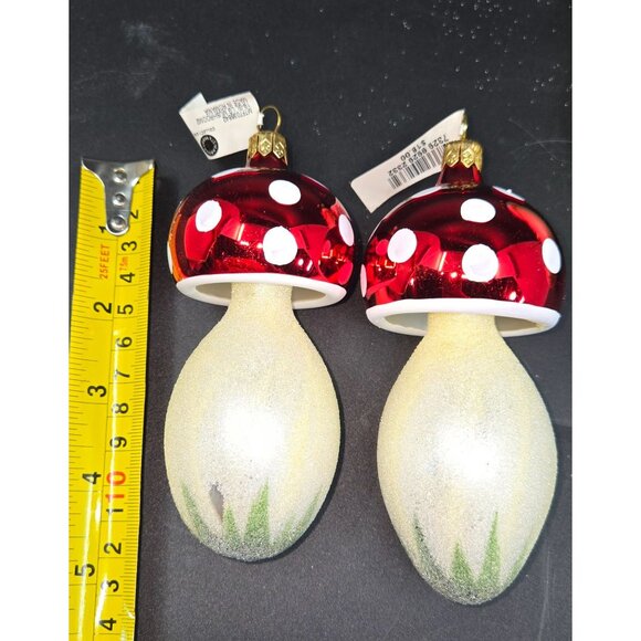 Set Of 2 Mushroom Shaped Christmas Tree Ornaments Red & White Polka Dot Cap Glas - Picture 2 of 2